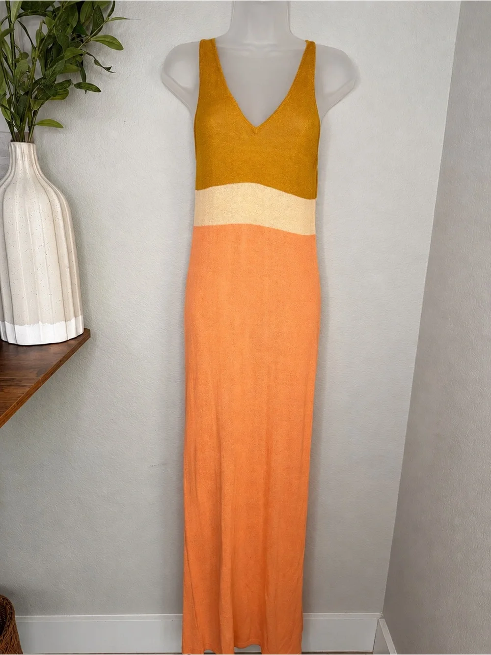 Free People FP Beach Color Block Knit Maxi Dress S NWT Mustard Peach Boho